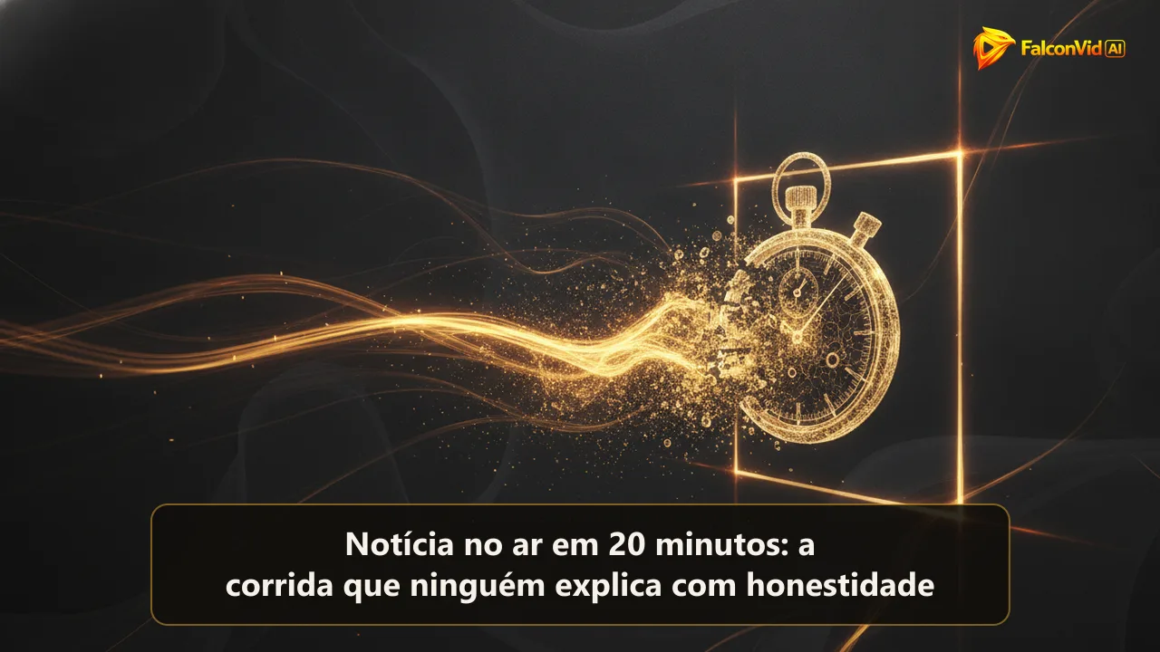 Um cronômetro dourado se dissolvendo num fluxo de luz que avança até um quadro retangular aceso, com rastros de movimento atrás.