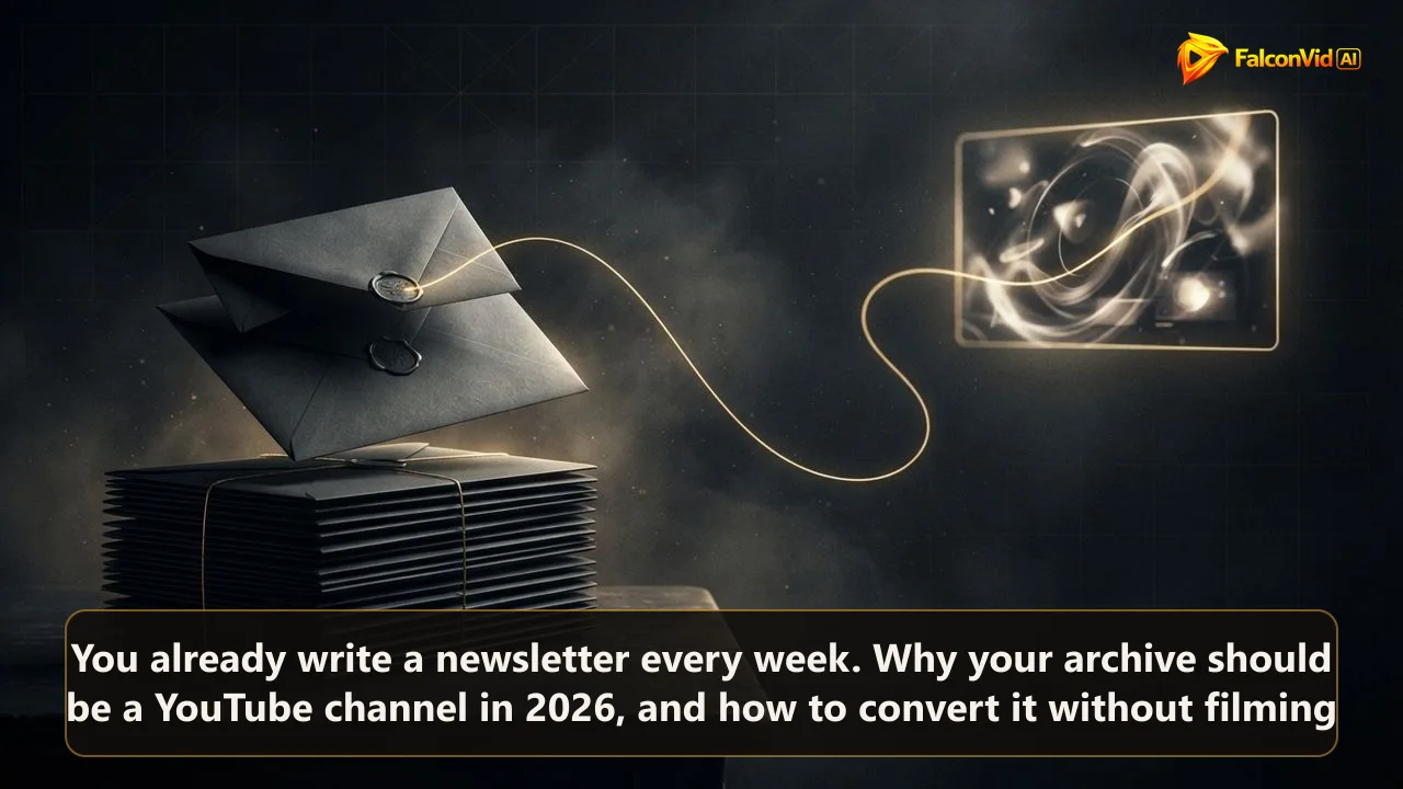 Illustration of a stack of envelopes unfolding into a thin golden line that reaches a lit video frame