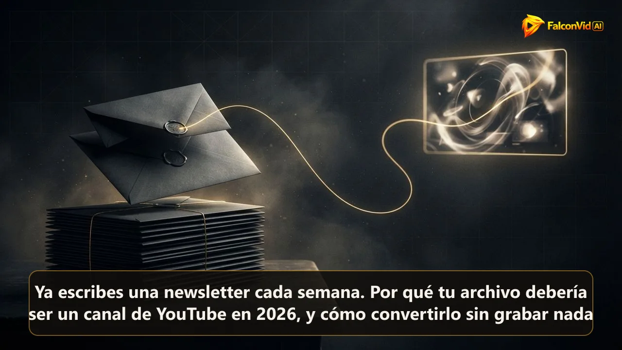 Ilustración de una pila de sobres que se abre en una línea dorada fina hasta un cuadro de video iluminado