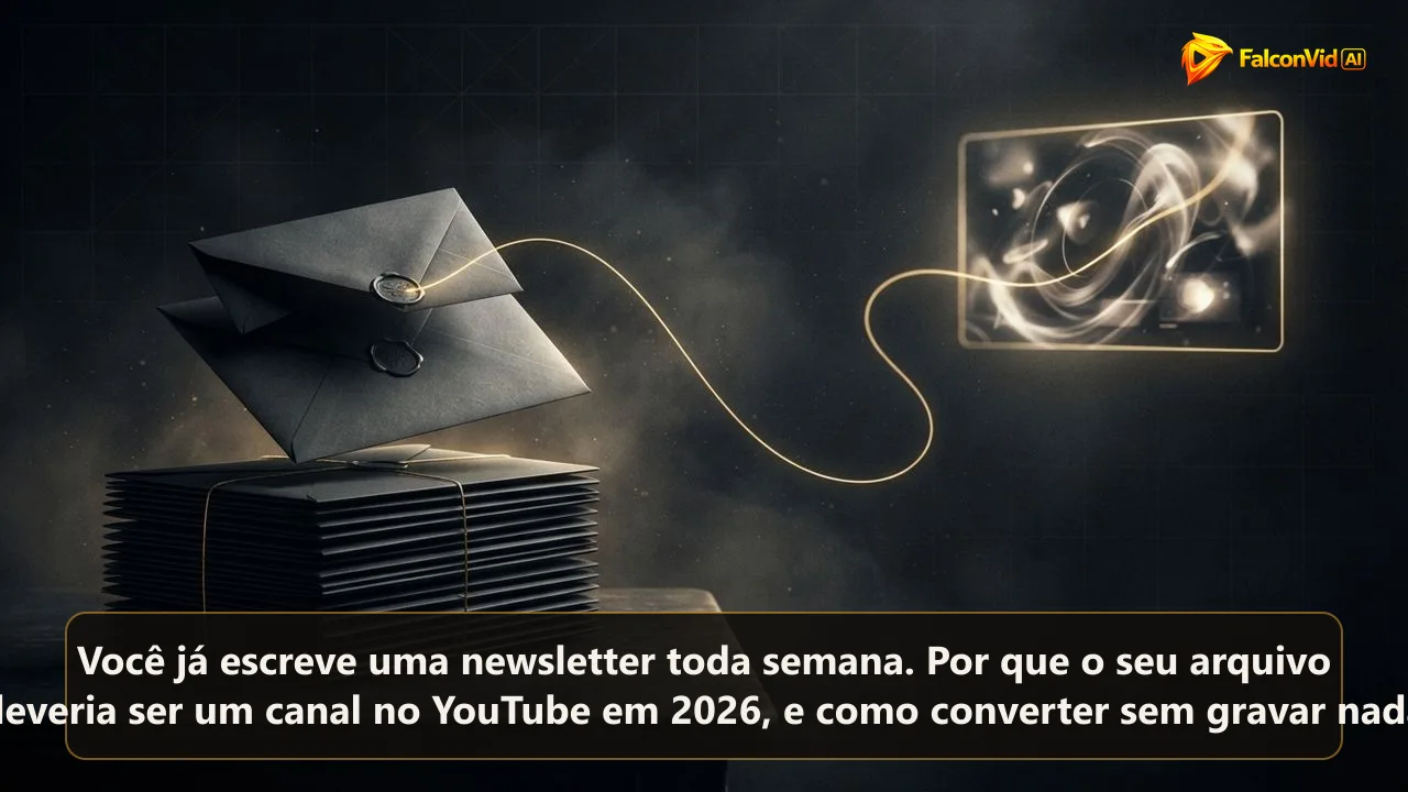 Ilustração de uma pilha de envelopes se abrindo em uma linha dourada fina que chega a um quadro de vídeo iluminado