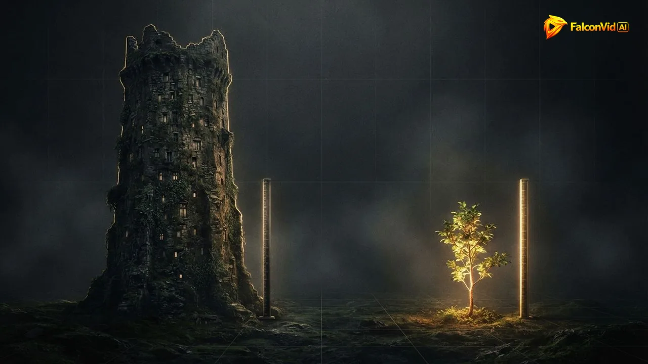 Una torre de piedra alta y vieja y un brote pequeño y brillante, cada uno con una regla dorada al lado, por qué el outlier favorece a los canales antiguos