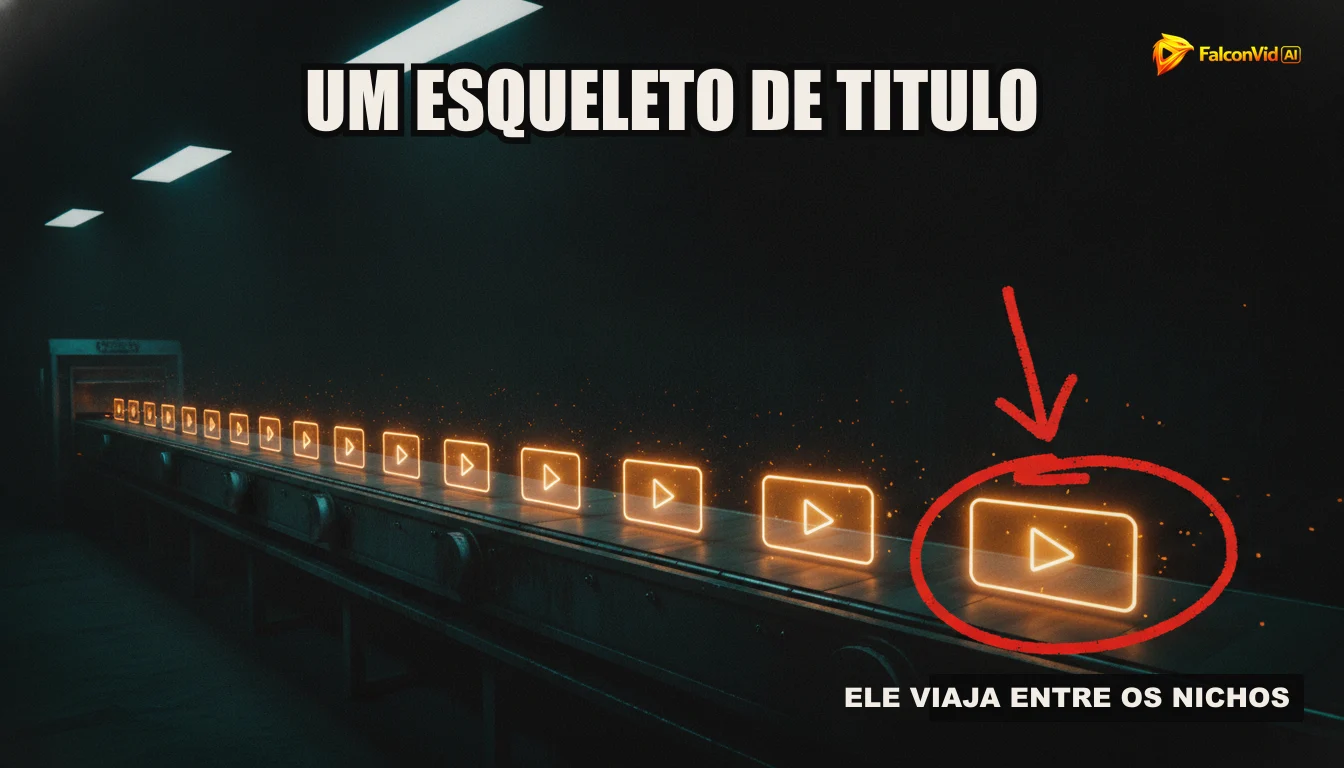 Uma ilustração de uma linha de produção automatizada com robôs e máquinas criando vídeos, miniaturas e roteiros, representando o fluxo de trabalho eficiente e autônomo da FalconVid.