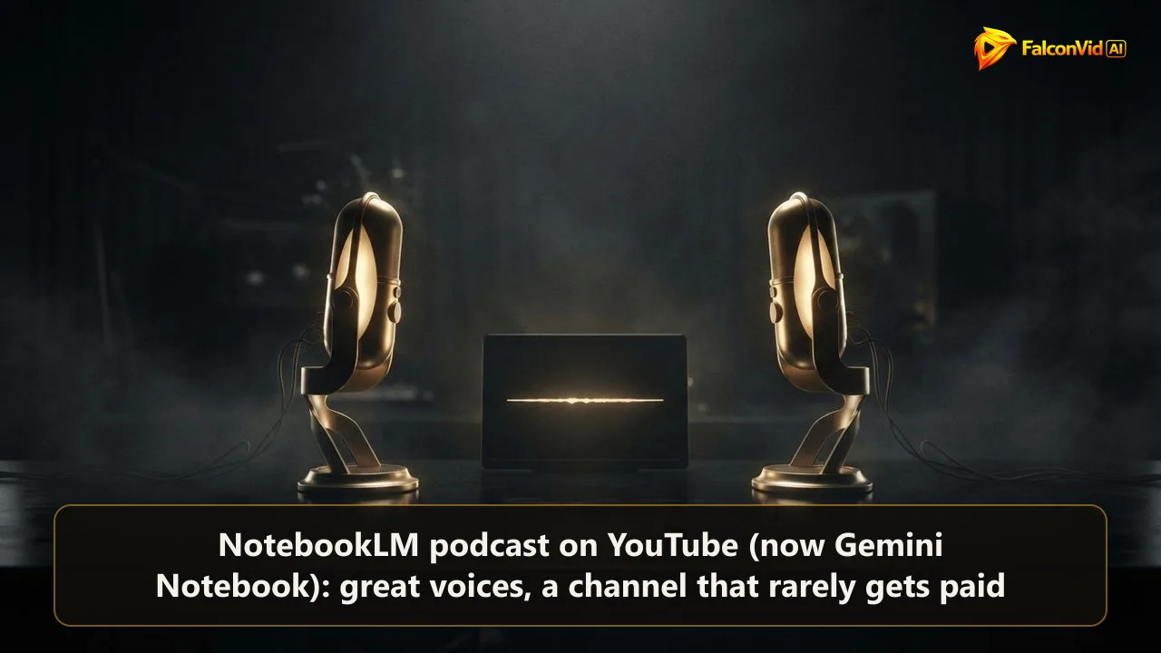 Two identical golden microphones facing each other over a screen with a single frozen waveform, the static AI podcast.