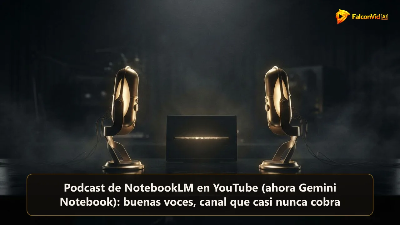 Dos micrófonos dorados idénticos frente a frente sobre una pantalla con una sola onda de audio congelada, el podcast de IA estático.