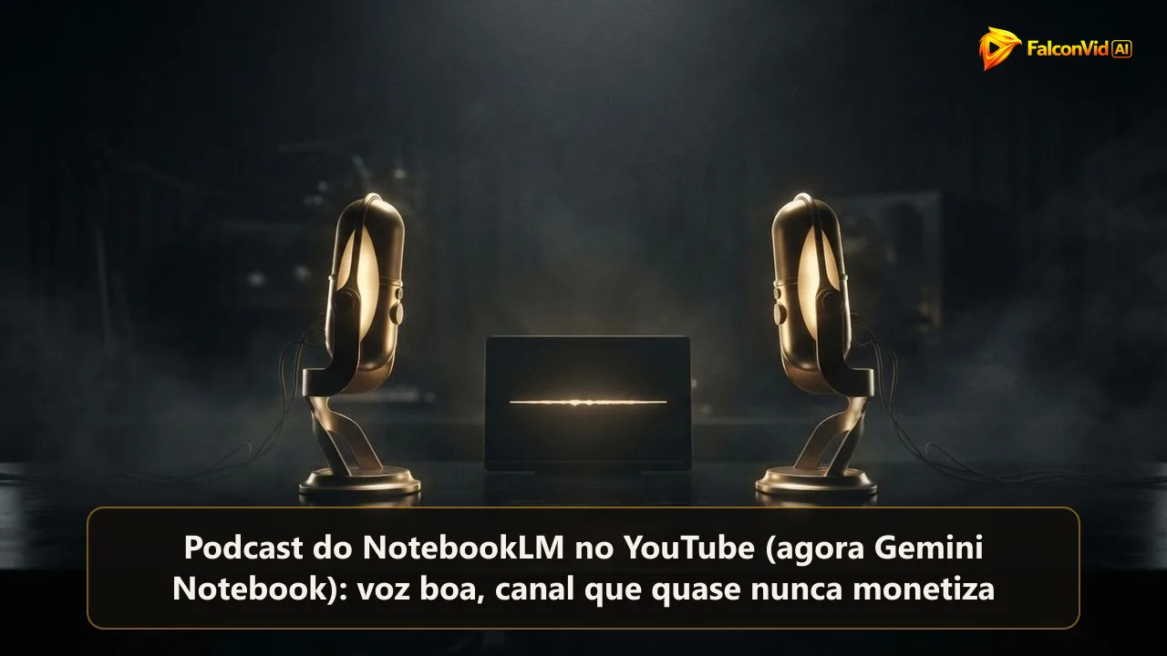 Dois microfones dourados idênticos frente a frente sobre uma tela com uma única onda sonora congelada, o podcast de IA parado.