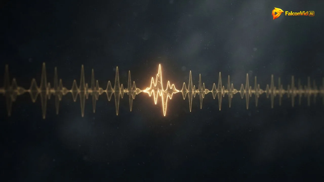 Uma longa fileira de ondas sonoras douradas idênticas com uma única diferente brilhando, os mesmos apresentadores de IA em todo upload.