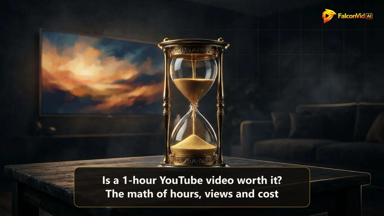 A large golden hourglass on a dark table with a lit TV screen in the background, the one-hour video watched in the living room