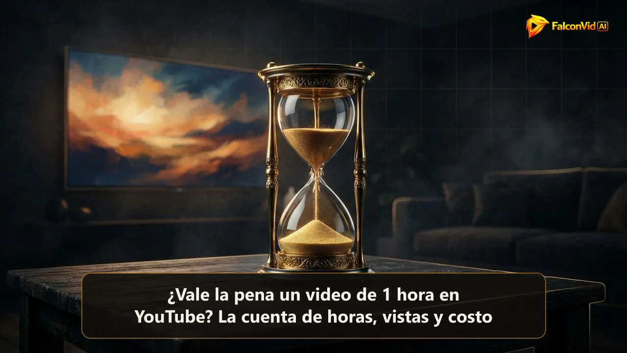 Un gran reloj de arena dorado sobre una mesa oscura con una pantalla de TV encendida al fondo, el video de una hora visto en la sala