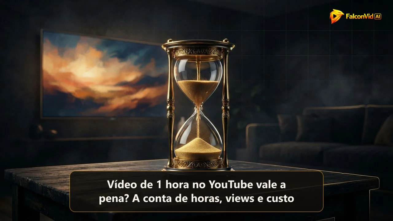 Uma ampulheta dourada grande sobre uma mesa escura, com uma tela de TV acesa ao fundo, o vídeo de uma hora assistido na sala