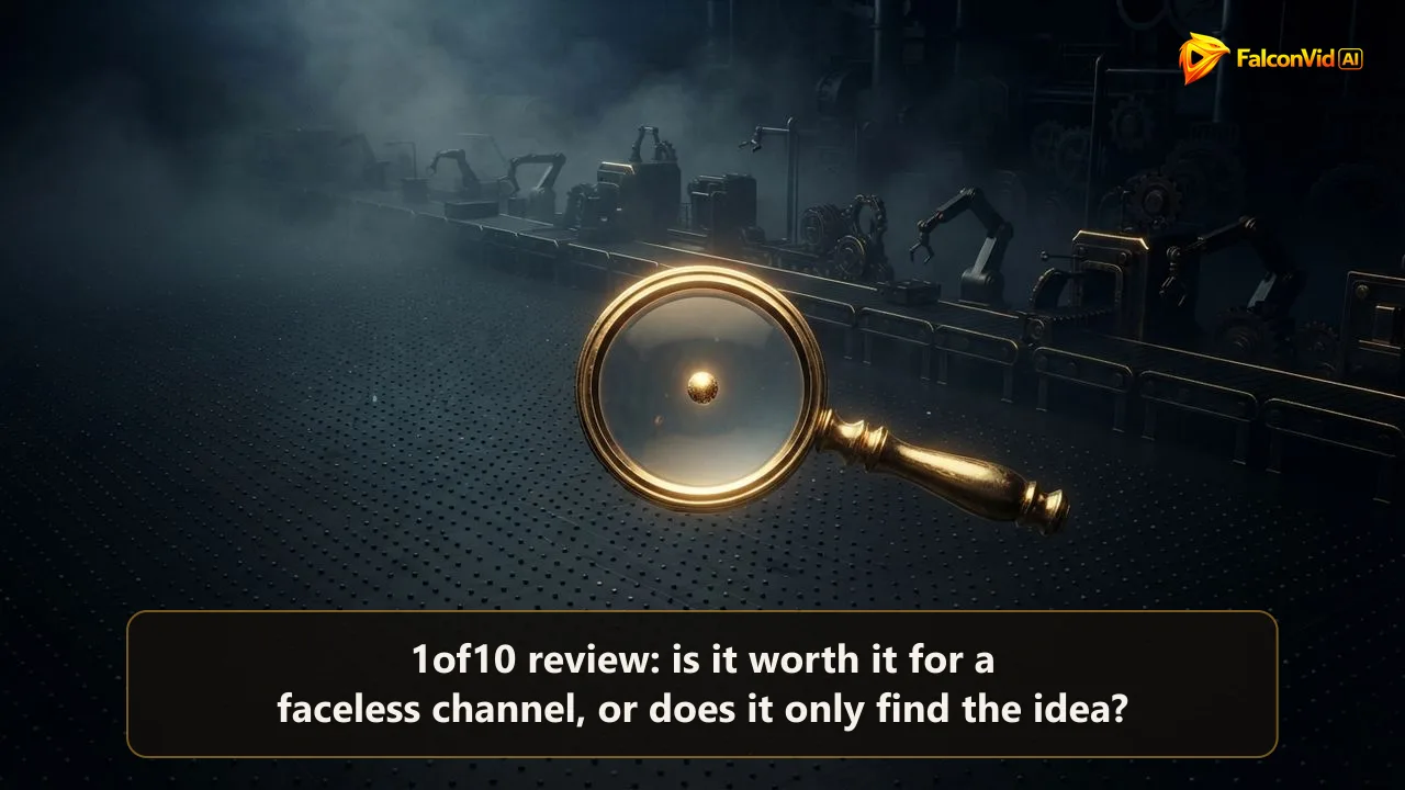 A golden magnifying glass finding one bright dot in a sea of dim dots while an empty assembly line stands idle behind it, research without production