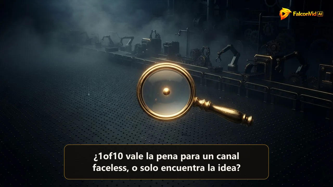 Una lupa dorada que encuentra un punto brillante en un mar de puntos apagados mientras una línea de producción vacía queda detenida detrás, investigación sin producción