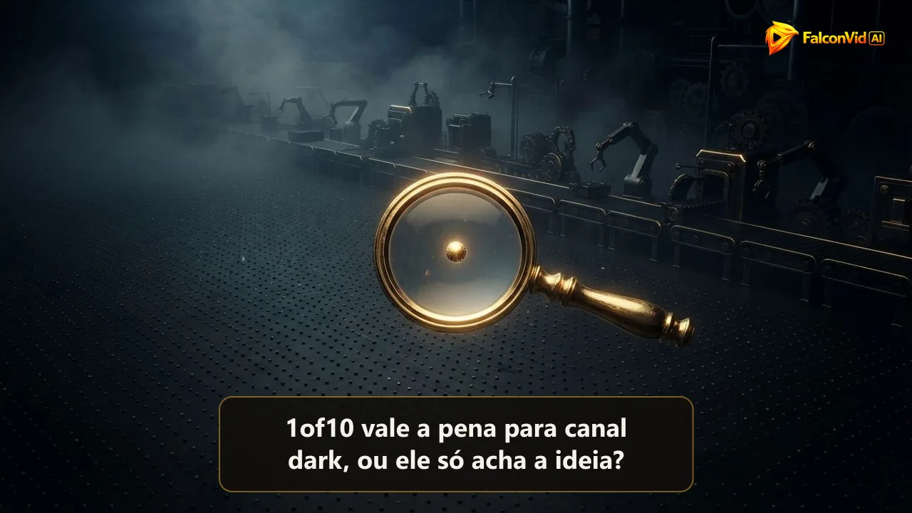 Uma lupa dourada achando um ponto brilhante num mar de pontos apagados enquanto uma linha de produção vazia fica parada atrás, pesquisa sem produção