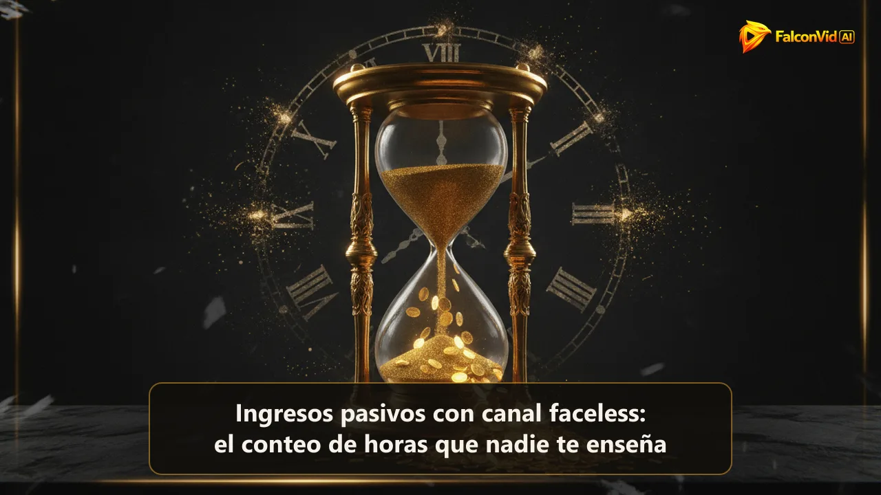 Un reloj de arena dorado y brillante sobre un escritorio oscuro, donde la arena que cae se convierte en pequeñas monedas luminosas que se acumulan en la base.