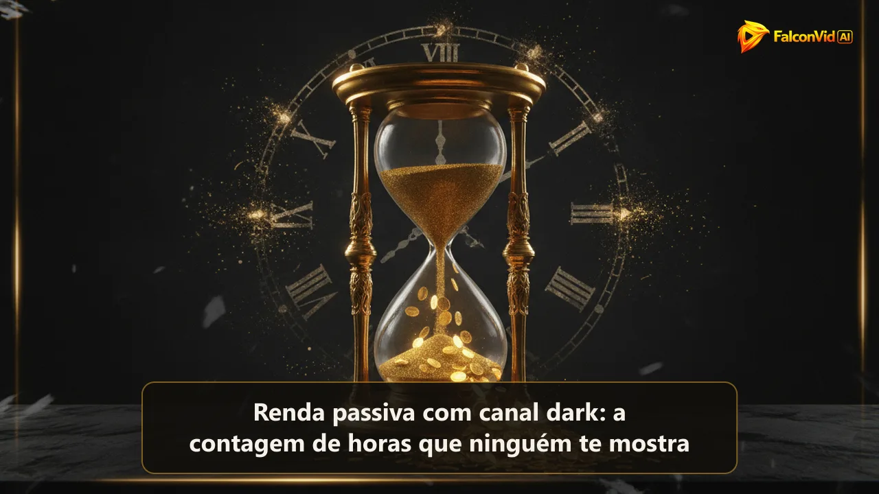 Uma ampulheta dourada e brilhante sobre uma mesa escura, com a areia caindo e virando pequenas moedas luminosas que se acumulam na base.