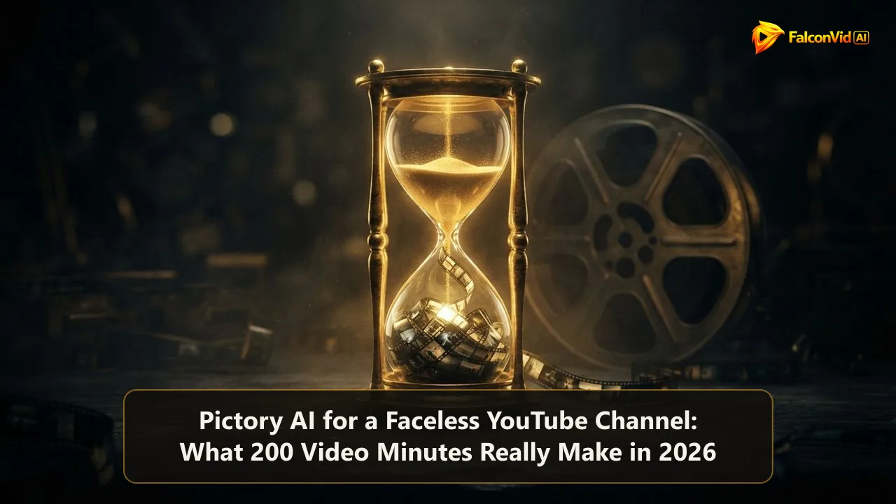 A glowing golden hourglass whose sand turns into small film frames piling up on a dark desk