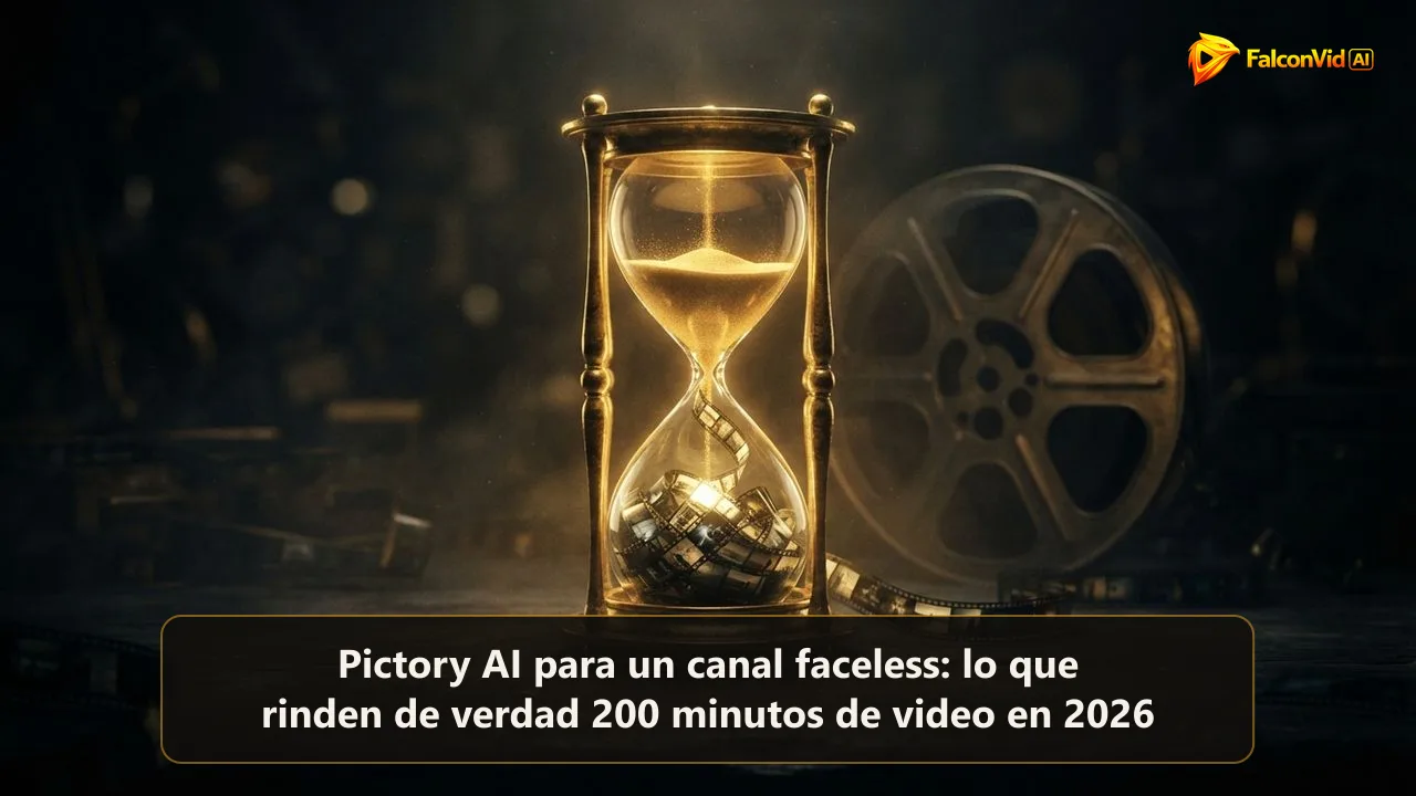 Un reloj de arena dorado brillante cuya arena se convierte en pequeños fotogramas apilados sobre un escritorio oscuro