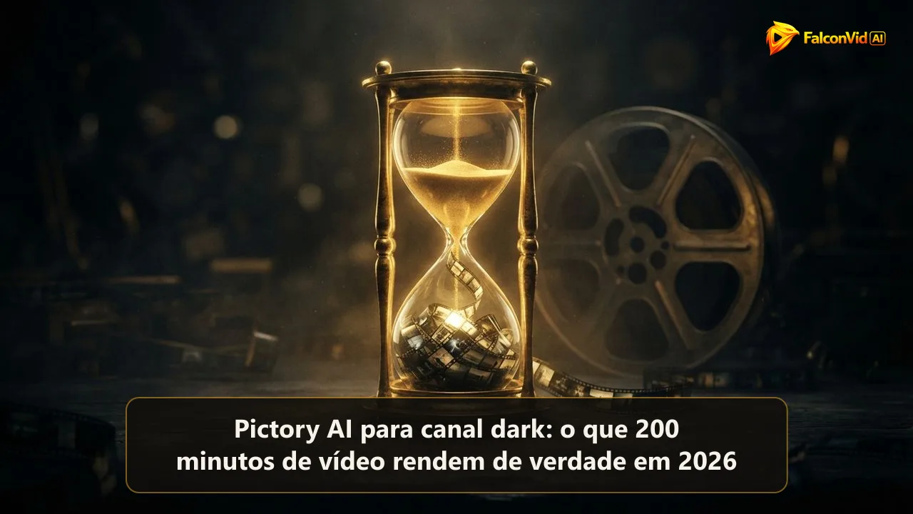 Uma ampulheta dourada brilhante cuja areia vira pequenos quadros de filme empilhados sobre uma mesa escura