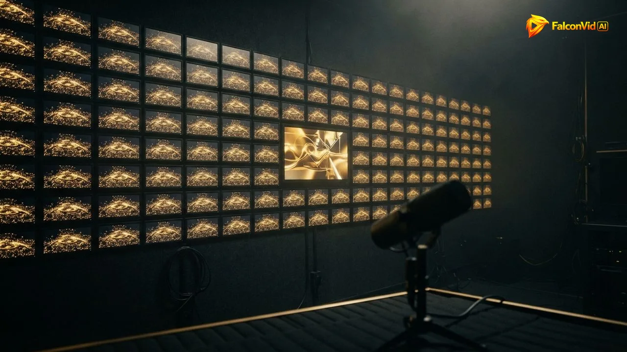 A wall of identical glowing screens showing the same golden clip, with one unique screen glowing brighter in the center
