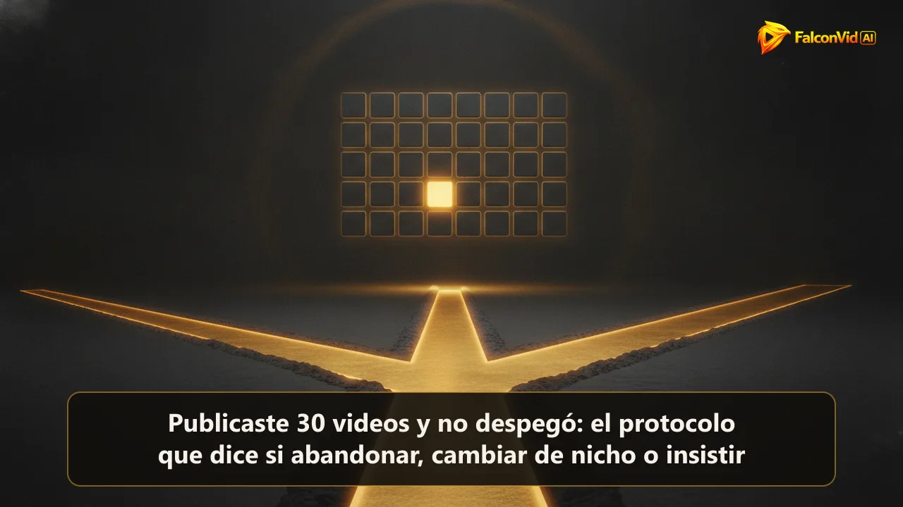 Un camino oscuro que se divide en tres rutas doradas bajo una cuadrícula de treinta rectángulos con uno encendido en dorado.