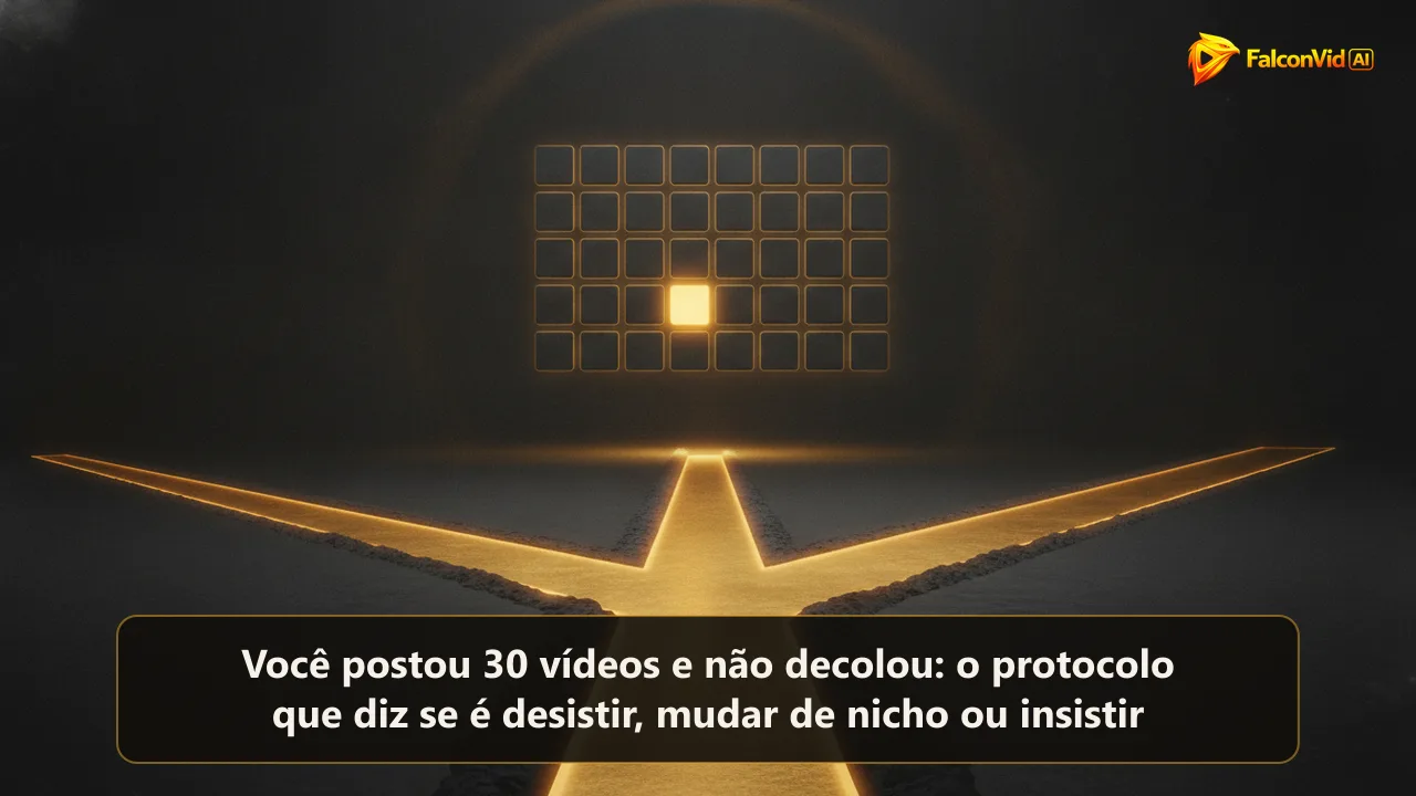 Um caminho escuro se dividindo em três rotas douradas sob uma grade de trinta retângulos com um aceso em dourado.