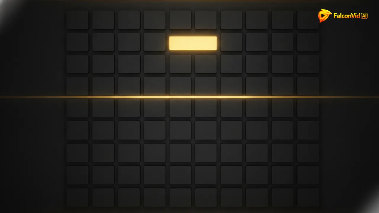 A grid of thirty dark rectangles crossed by a golden median line, with a single rectangle glowing far above it.