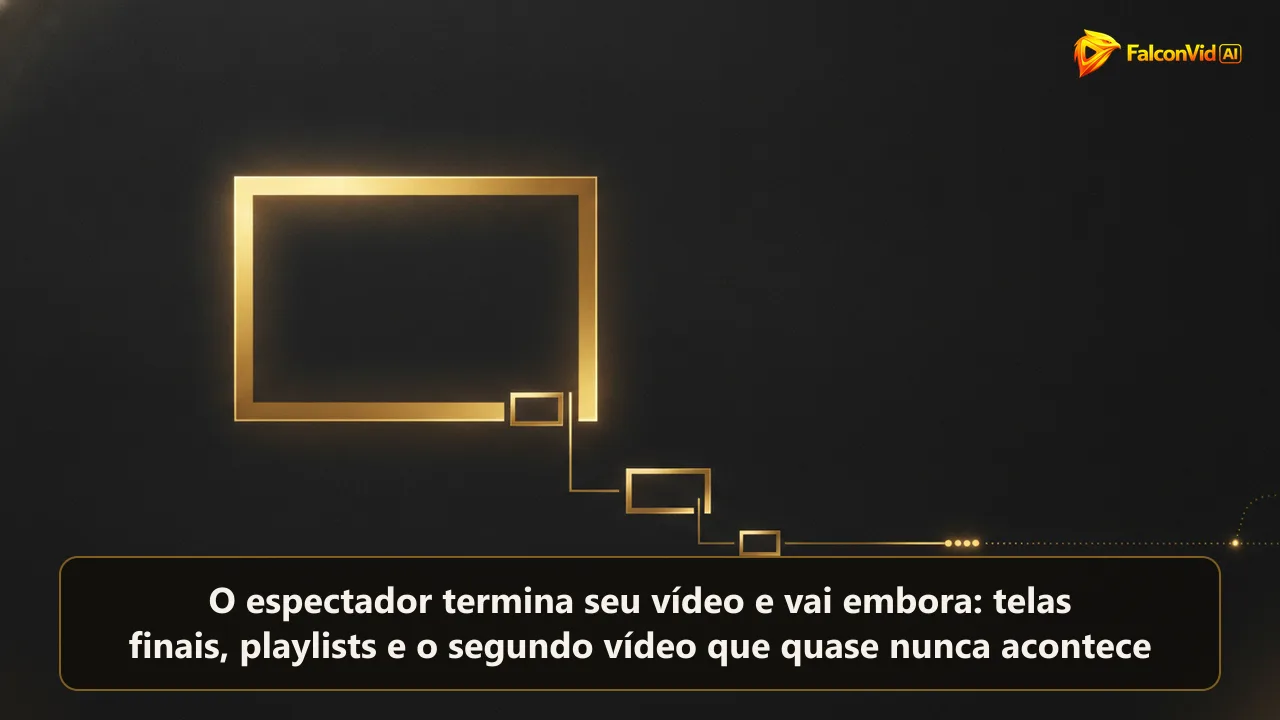 Um quadro de vídeo dourado brilhando sobre fundo escuro, com dois quadros menores presos ao canto por um fio luminoso.