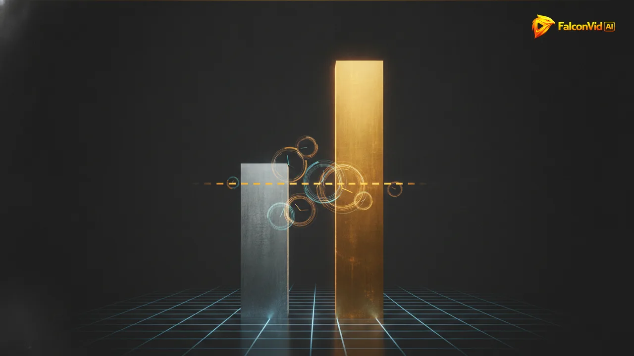 Two bar columns compared against a dashed threshold line, the taller one glowing gold, representing watch time with and without a second view.