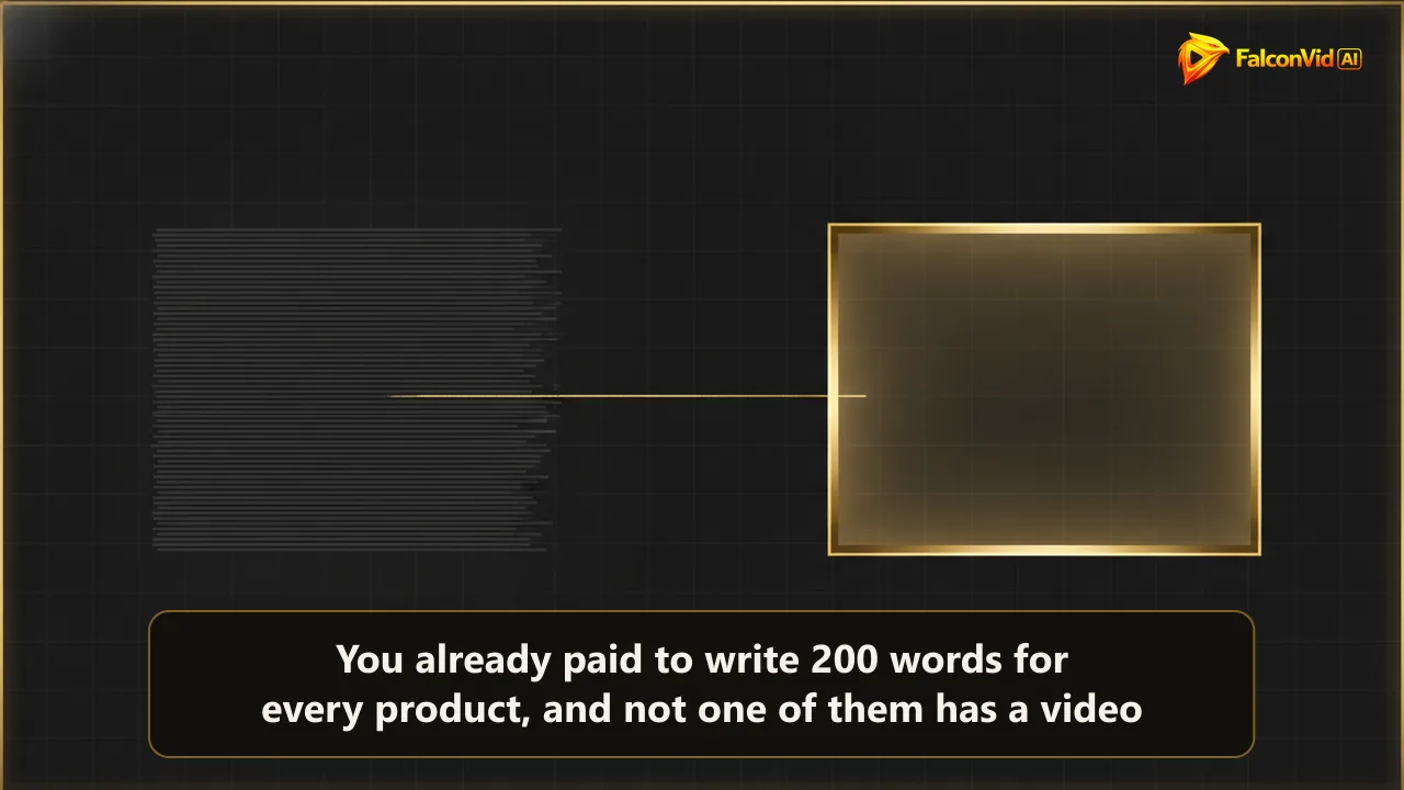 Illustration of a dense block of written lines feeding a thin golden line into one lit video frame