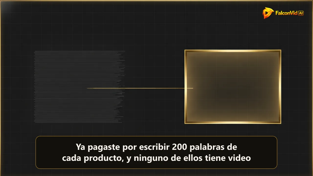 Ilustración de un bloque denso de líneas escritas alimentando una línea dorada fina hacia un cuadro de video iluminado