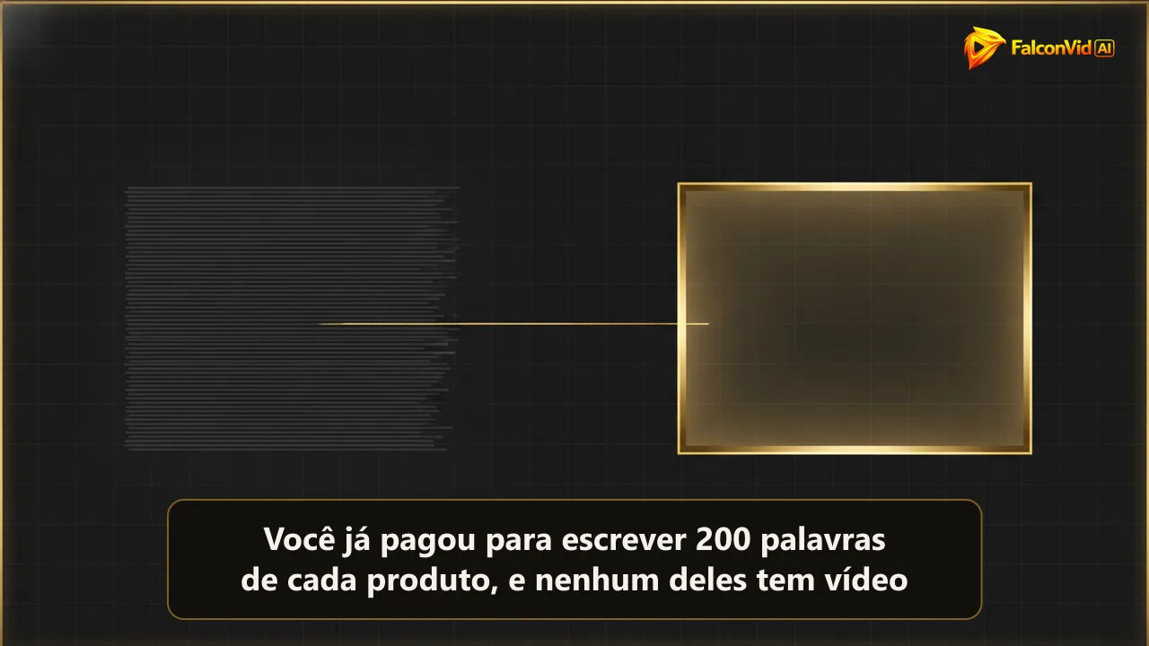 Ilustração de um bloco denso de linhas escritas alimentando uma linha dourada fina até um quadro de vídeo iluminado