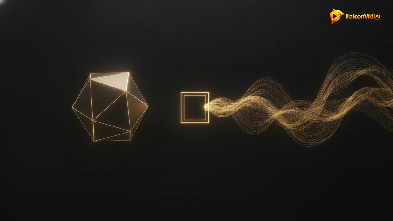 Illustration of a solid lit object and a stream of golden ribbons converging into one lit frame