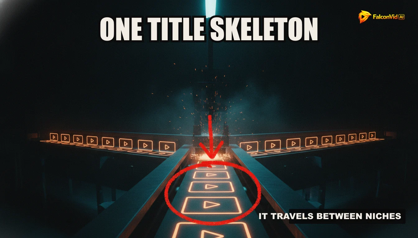 A stylized conveyor belt moving various video production elements, including scripts, visuals, and thumbnails, toward a publishing icon.