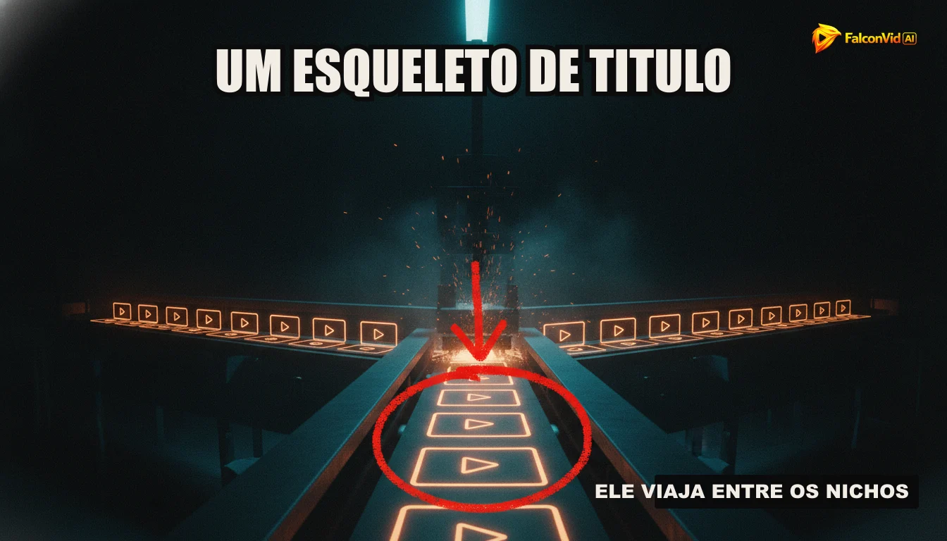 Uma ilustração de uma linha de produção automatizada de vídeos, simbolizando a eficiência do FalconVid.