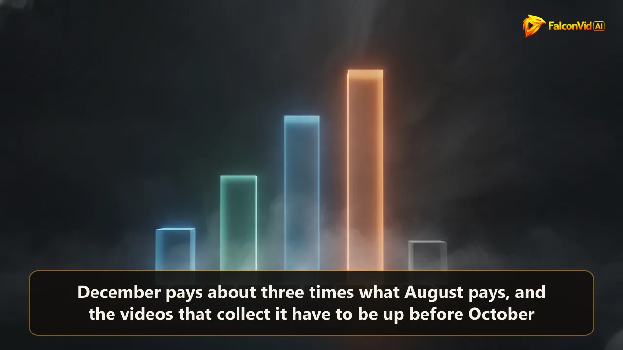 Four rising bars with the fourth far taller and glowing, followed by a sharp drop to a short bar, representing the YouTube Q4 revenue peak and the January fall