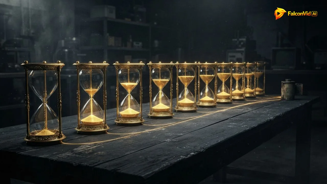 A row of golden hourglasses draining sand at the same time, connected to a single film canister