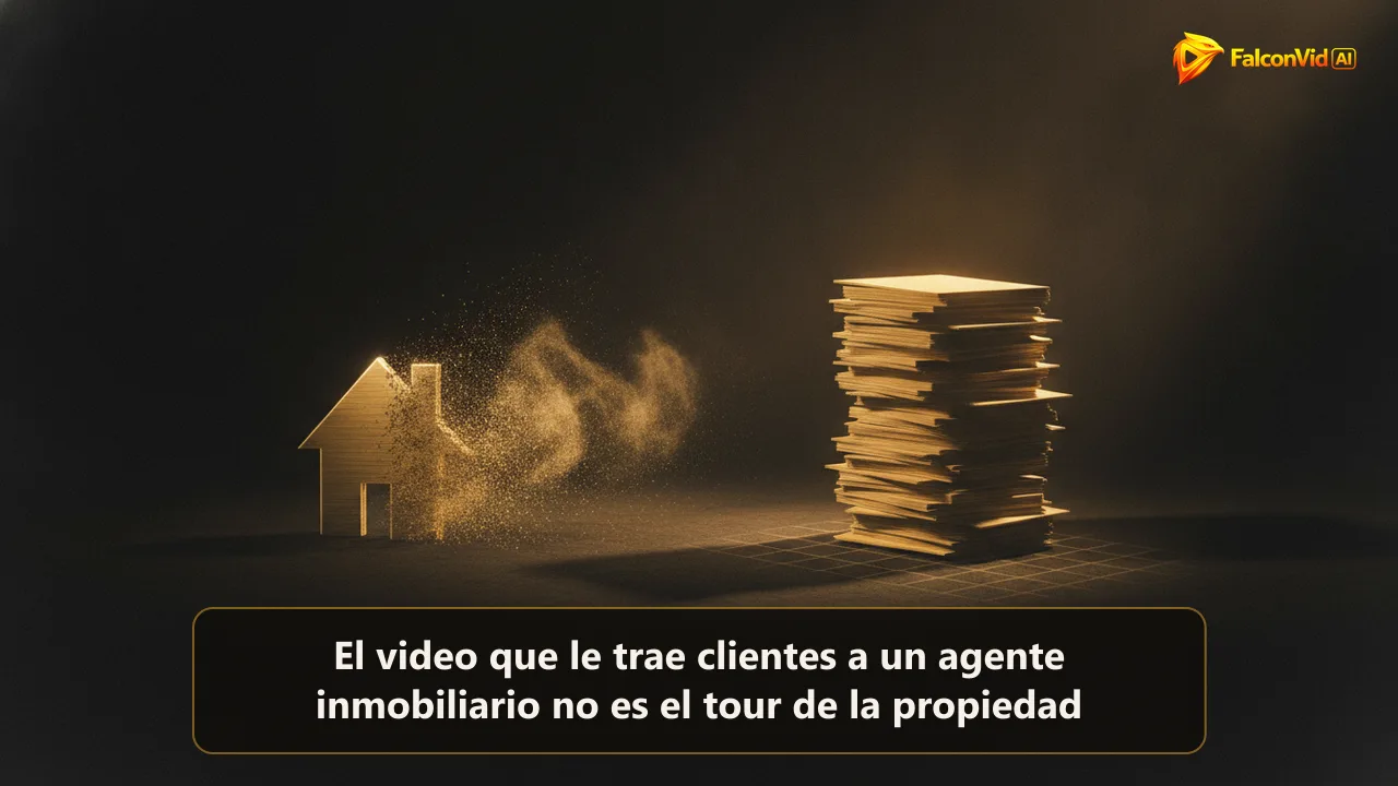 Ilustración de una casa que se deshace junto a una pila firme de tarjetas de documento iluminadas