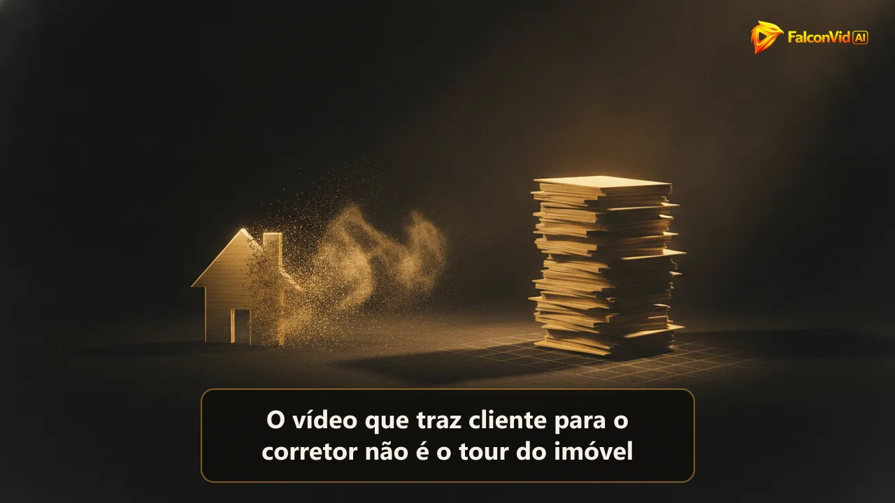 Ilustração de uma casa se desfazendo ao lado de uma pilha firme de cartões de documento iluminados