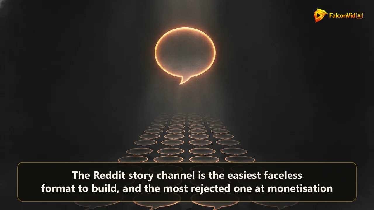 One glowing speech bubble splitting into many identical faded copies below it, representing a Reddit thread turned into a repeated video format