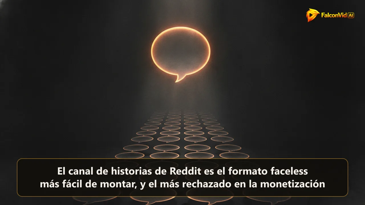Un globo de diálogo encendido dividiéndose en copias idénticas apagadas debajo, representando un hilo de Reddit convertido en un formato de video repetido