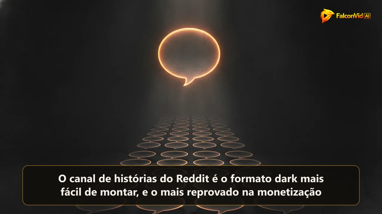 Um balão de fala aceso se dividindo em várias cópias idênticas apagadas embaixo, representando uma thread do Reddit transformada em formato de vídeo repetido