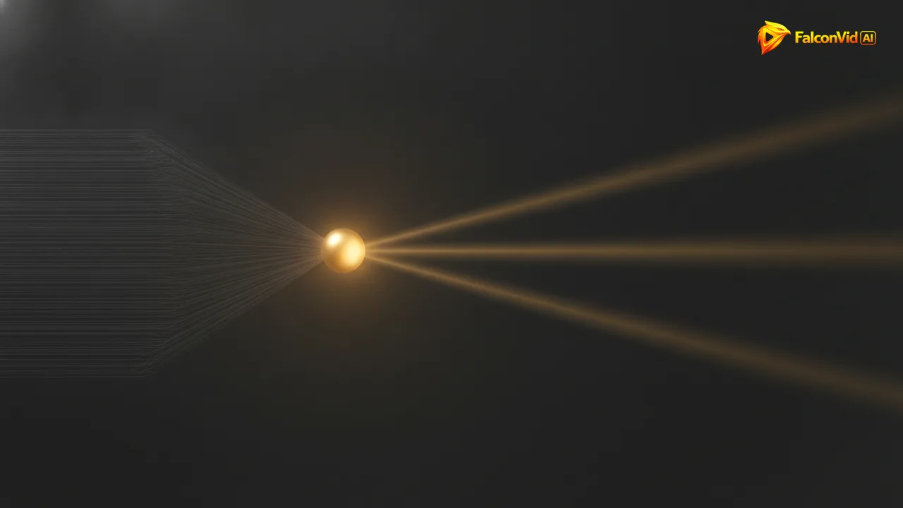 Dense faint lines condensing into one bright node and fanning out into three clean beams, representing a thread used as a brief instead of a script