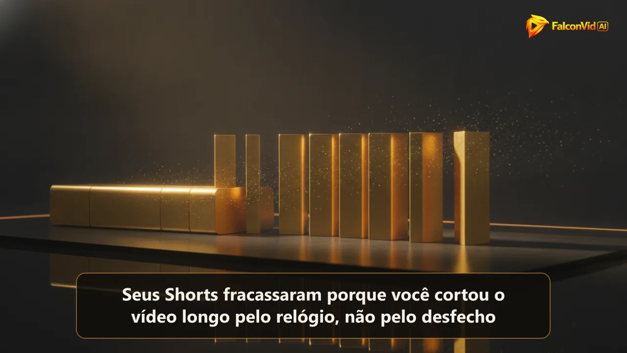 Uma longa barra horizontal de latão numa mesa escura sendo dividida em oito fatias verticais douradas em pé, lado a lado, sob luz dourada quente