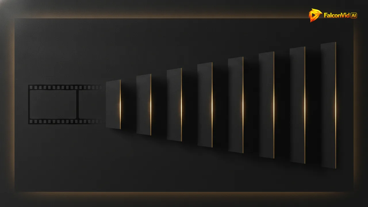 A single wide film strip fanning out into several tall vertical panels, each catching a sliver of golden light against a dark background