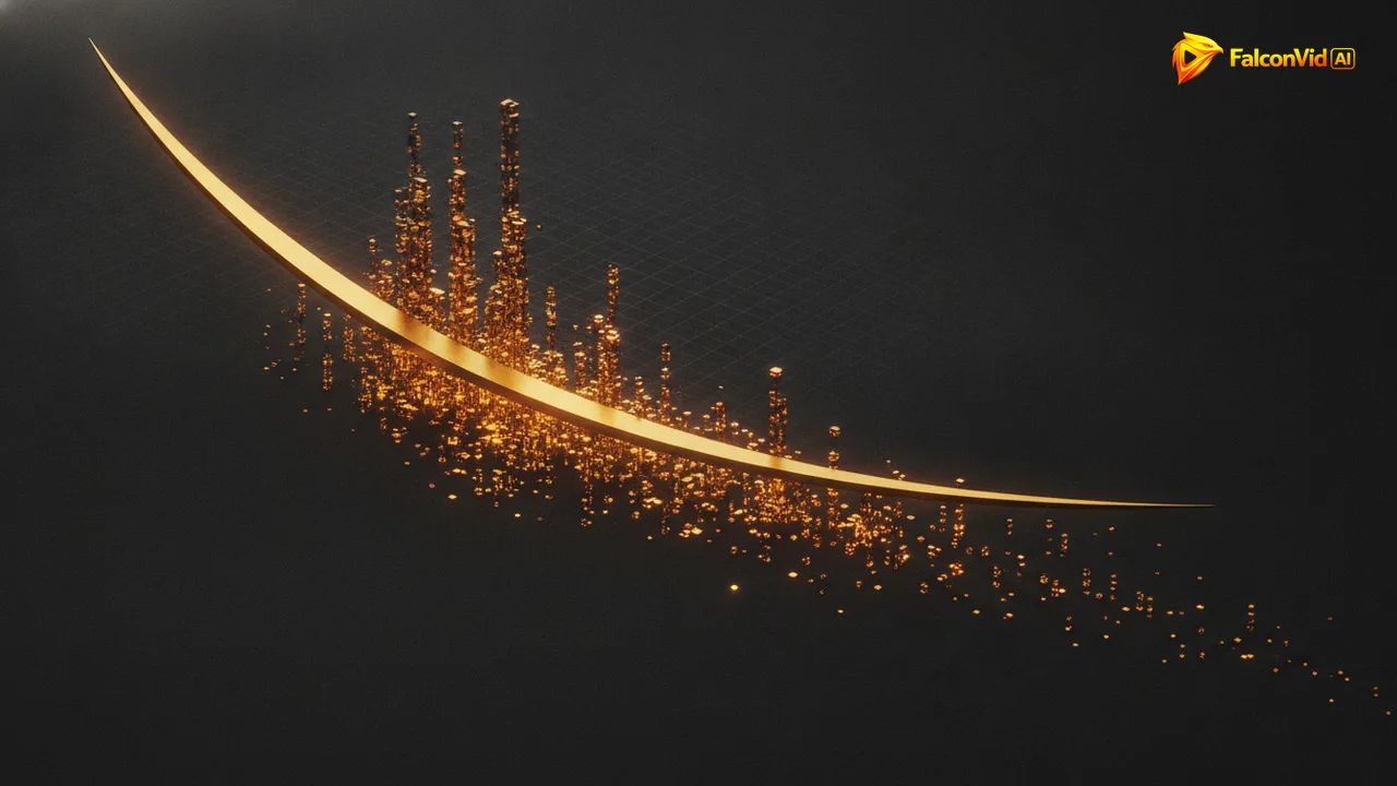 A golden curve descending across a dark field with the area beneath it filled with stacked glowing blocks that thin out as the curve drops.