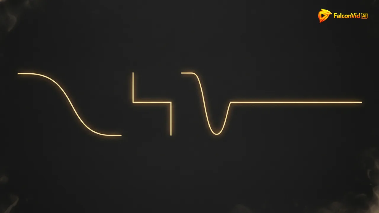 Four ribbons of golden light in dark space: one falling in a gentle slope, one breaking in a sharp step, one dipping into a valley, one running flat.