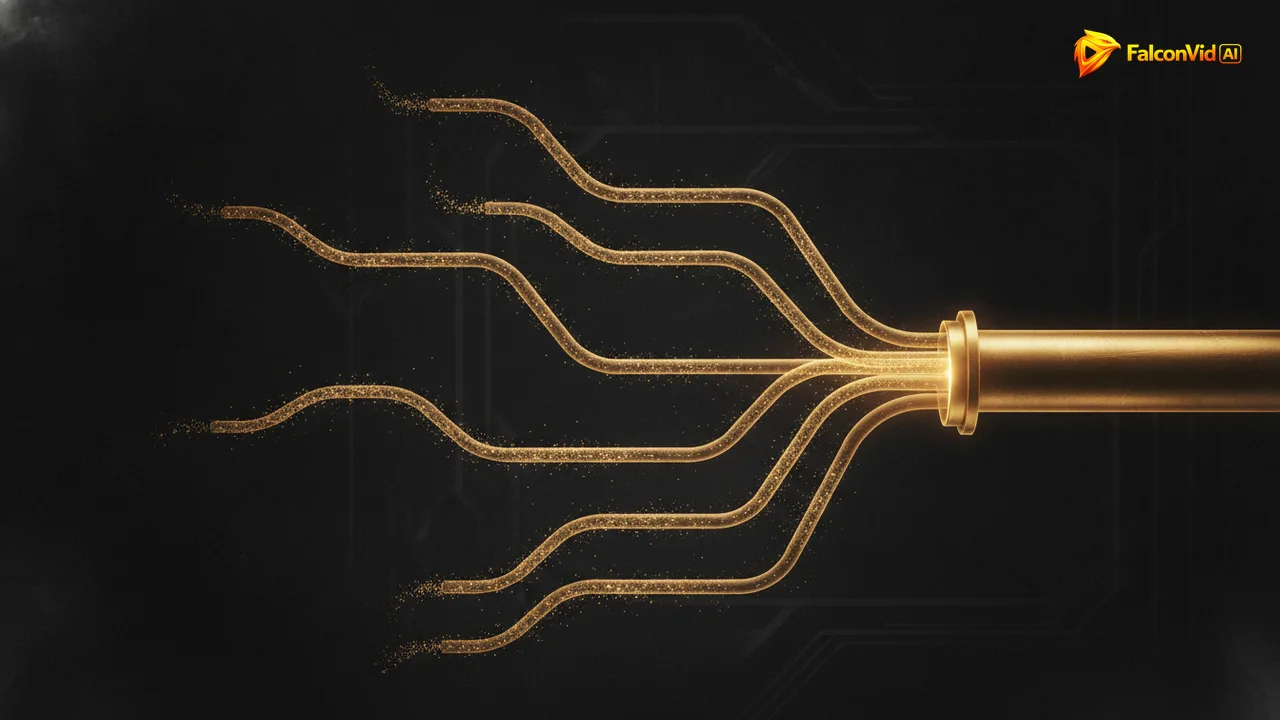 A single wide golden pipe splitting into five thinner glowing channels carrying particles of light.