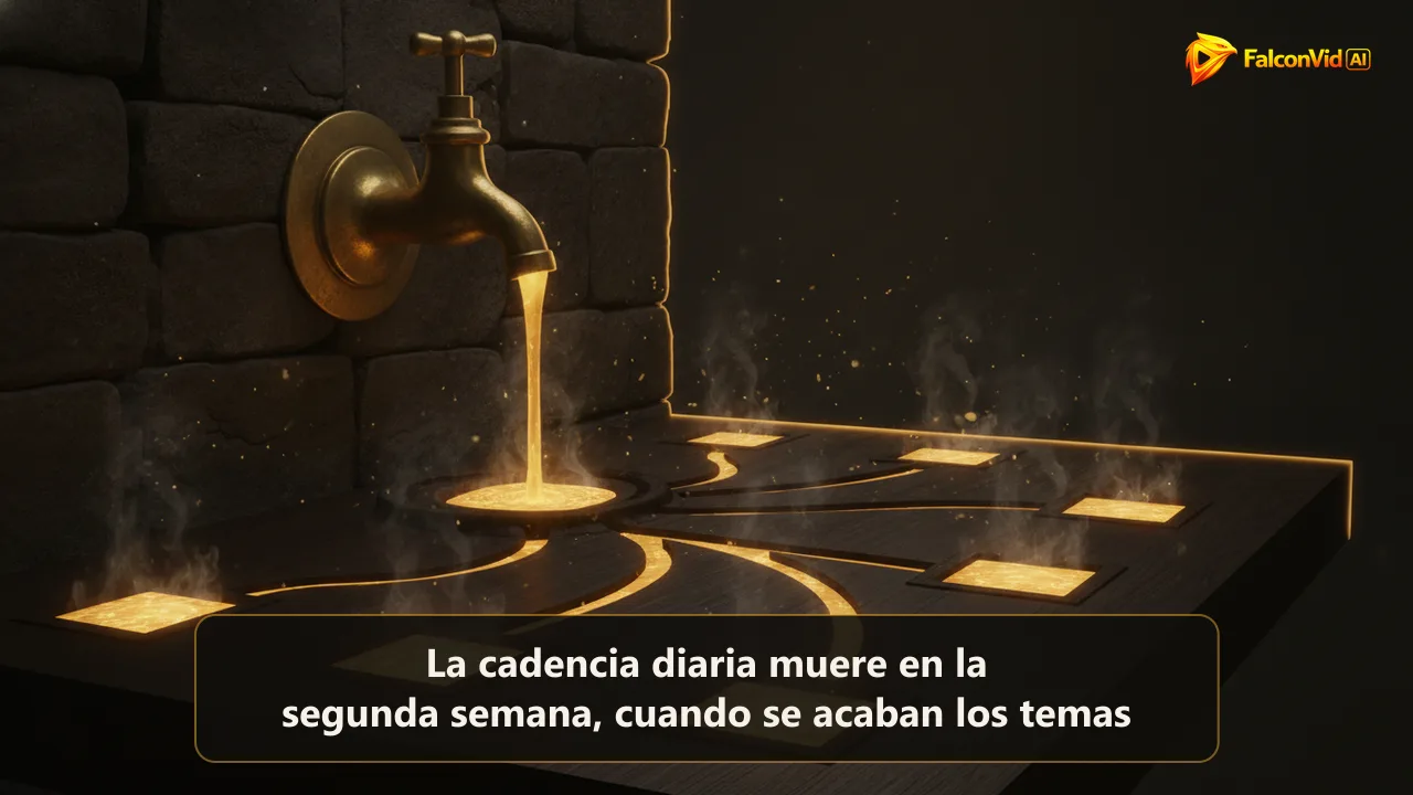 Grifo de latón vertiendo un hilo de oro fundido que se divide en siete canales tallados en una tabla de madera oscura