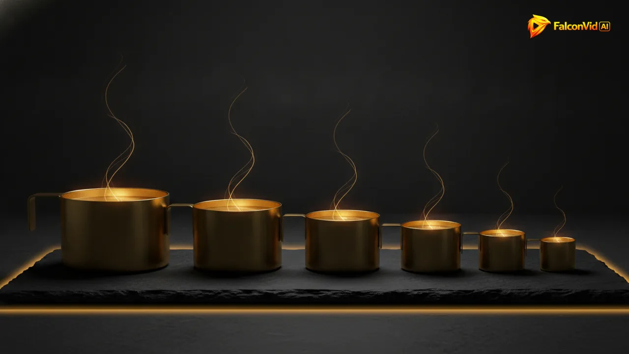 Seven polished brass measuring cups of different sizes on dark slate, each filled with glowing golden liquid to a different height