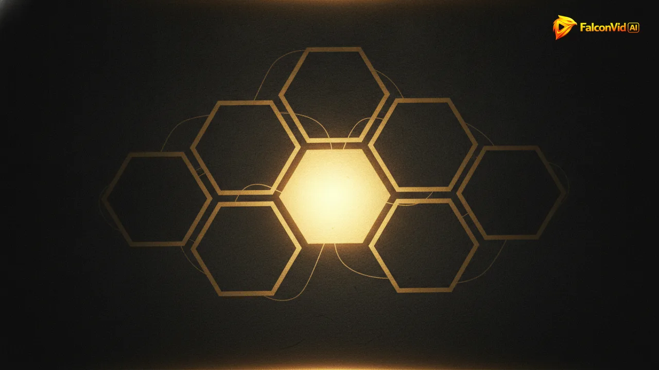 Six nearly identical golden hexagons with five dimmed to outlines and one fully lit at the centre.