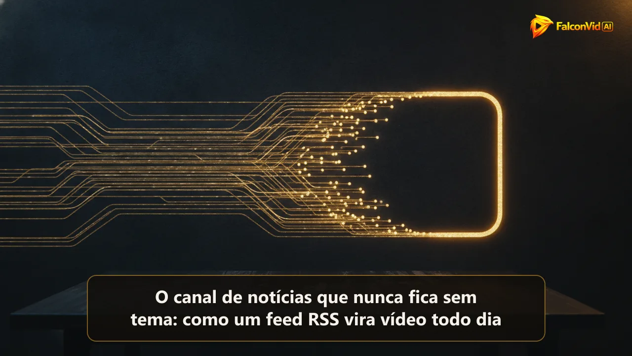 Dezenas de feixes dourados convergindo para um único quadro de vídeo sobre uma mesa escura